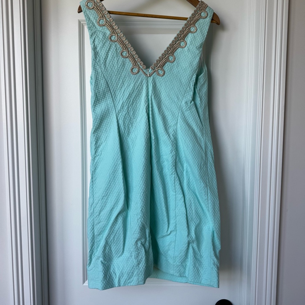Lilly Pulitzer Aqua Textured Shift Dress Gold Embroidered Neckline Size 12 - Picture 7 of 9